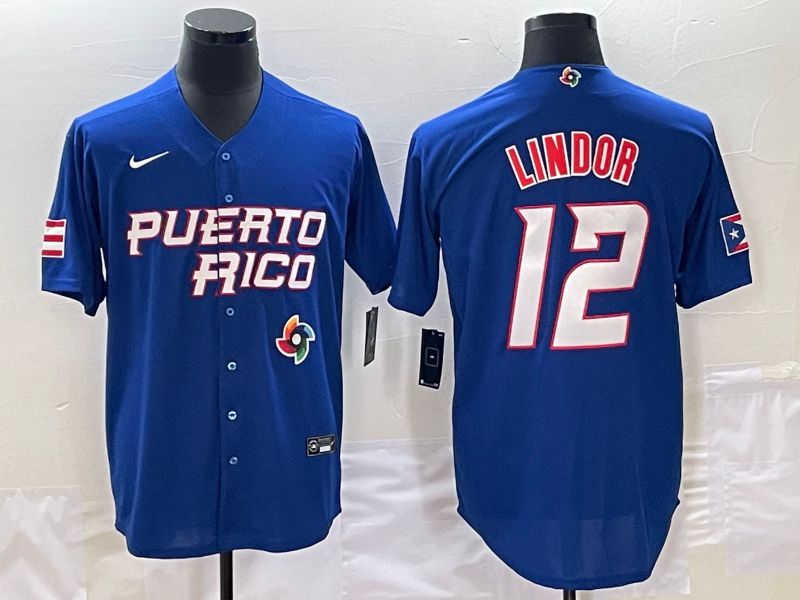 Men 2023 World Cub Puerto Rico 12 Lindor Blue Nike MLB Jersey8